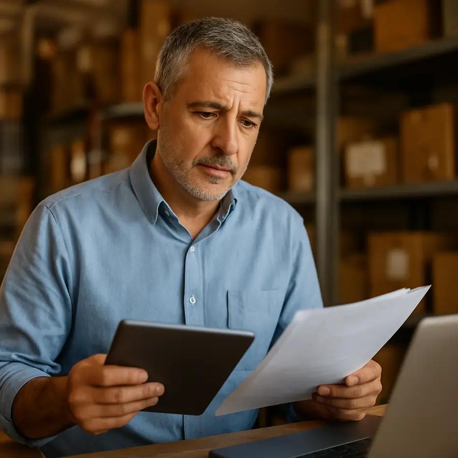 An SME manager reviewing daily operations in their warehouse